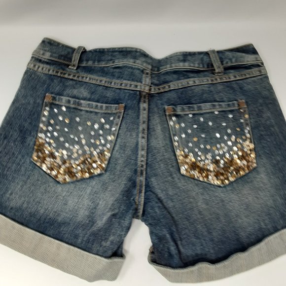 La Roc Pants - metallic sequin denim jean short shorts  6